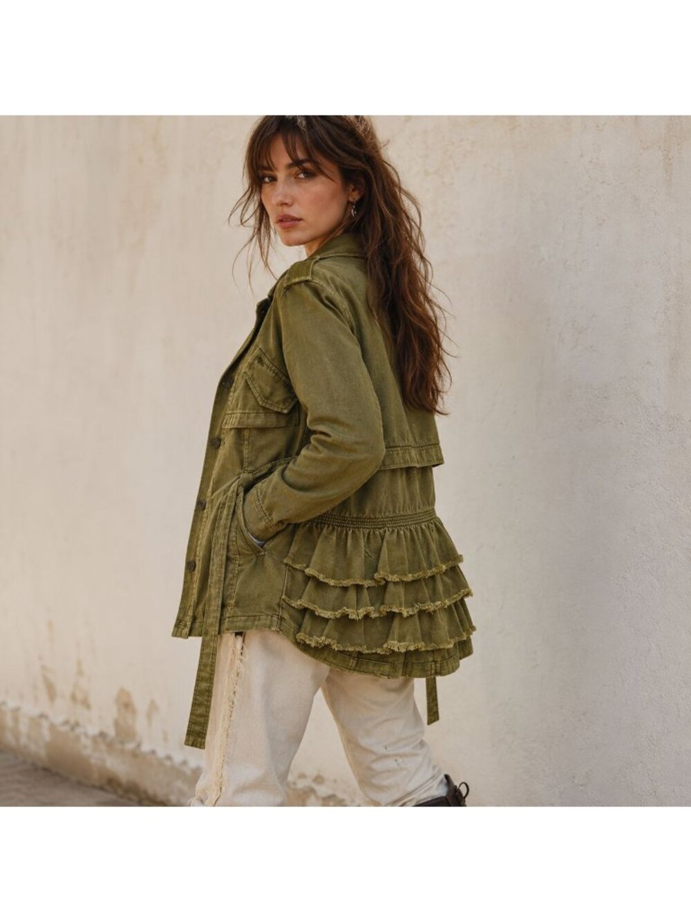 Hei Hei Olive Military Utility Jacket Ruffle Back Fairy Grunge Sz M Romantic - Picture 1 of 10